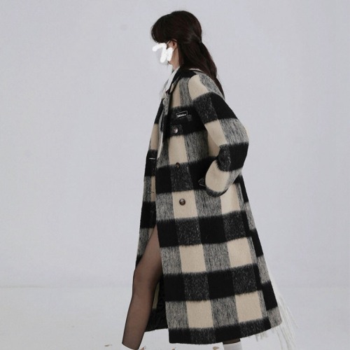 Black and white plaid coat women's mid-length 2024 autumn and winter new Korean style Hepburn style thickened woolen coat for small people