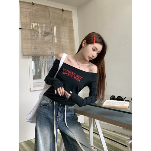 40 count cotton 92 cotton 8 spandex fashion super popular one-shoulder letter printed long-sleeved T-shirt slim off-shoulder top