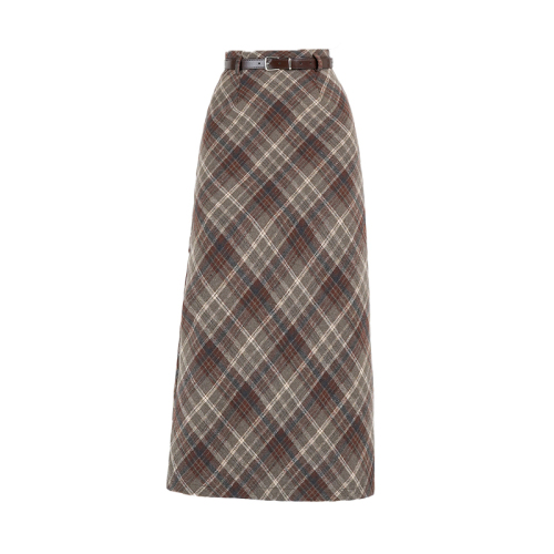 Plaid mid-length skirt with hip-covering woolen plaid autumn and winter thick high-waisted woolen skirt for women