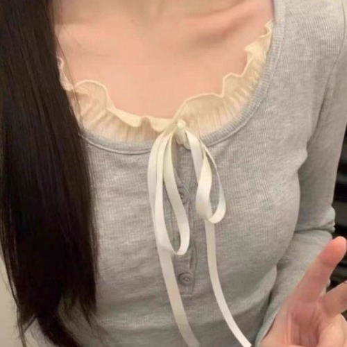 2024 Fake Two-Piece Bottoming Shirt Women's Autumn Small Tie Bow Knot Slim Fit Versatile Short Top