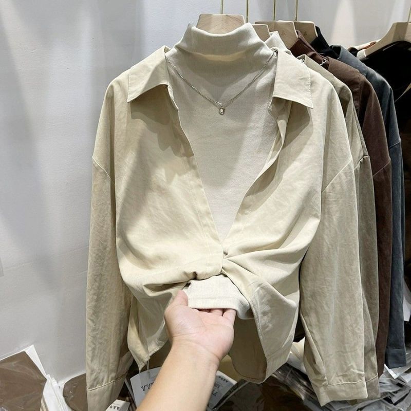 Korean style cross-over long-sleeved lapel shirt for women autumn new half-high collar vest loose two-piece set