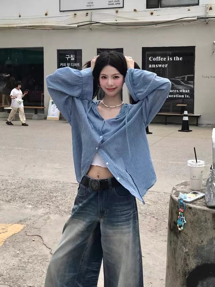 復古簡約格紋連帽襯衫外套女2024秋季防曬開衫襯衣寬鬆設計感上衣