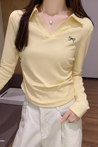 Actual shot of Korean bow embroidered long-sleeved cotton T-shirt for women in autumn pleated waist slimming short top