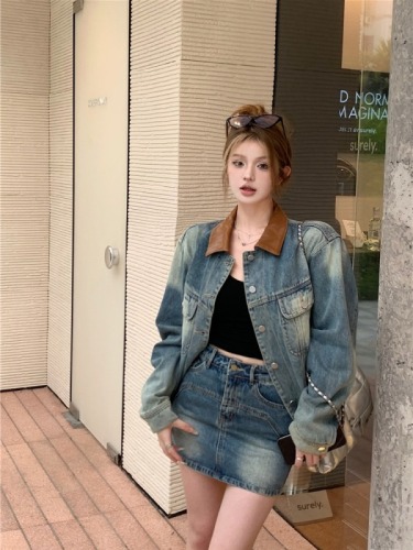 Real shot!  Hot girl style denim fashion set, denim cardigan jacket, high waist, hip-covering skirt, two-piece set