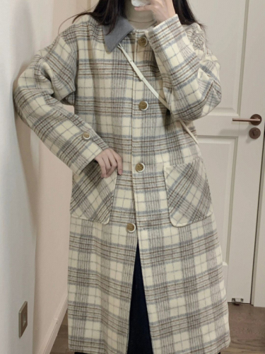 Autumn and winter new light luxury Korean style coat Zhang Ji's same style windbreaker spliced ​​retro woolen long woolen coat plaid