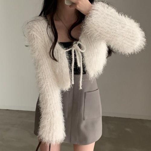 Korean chic early spring loose and versatile furry lace-up short sweater coat slim and warm knitted cardigan for women