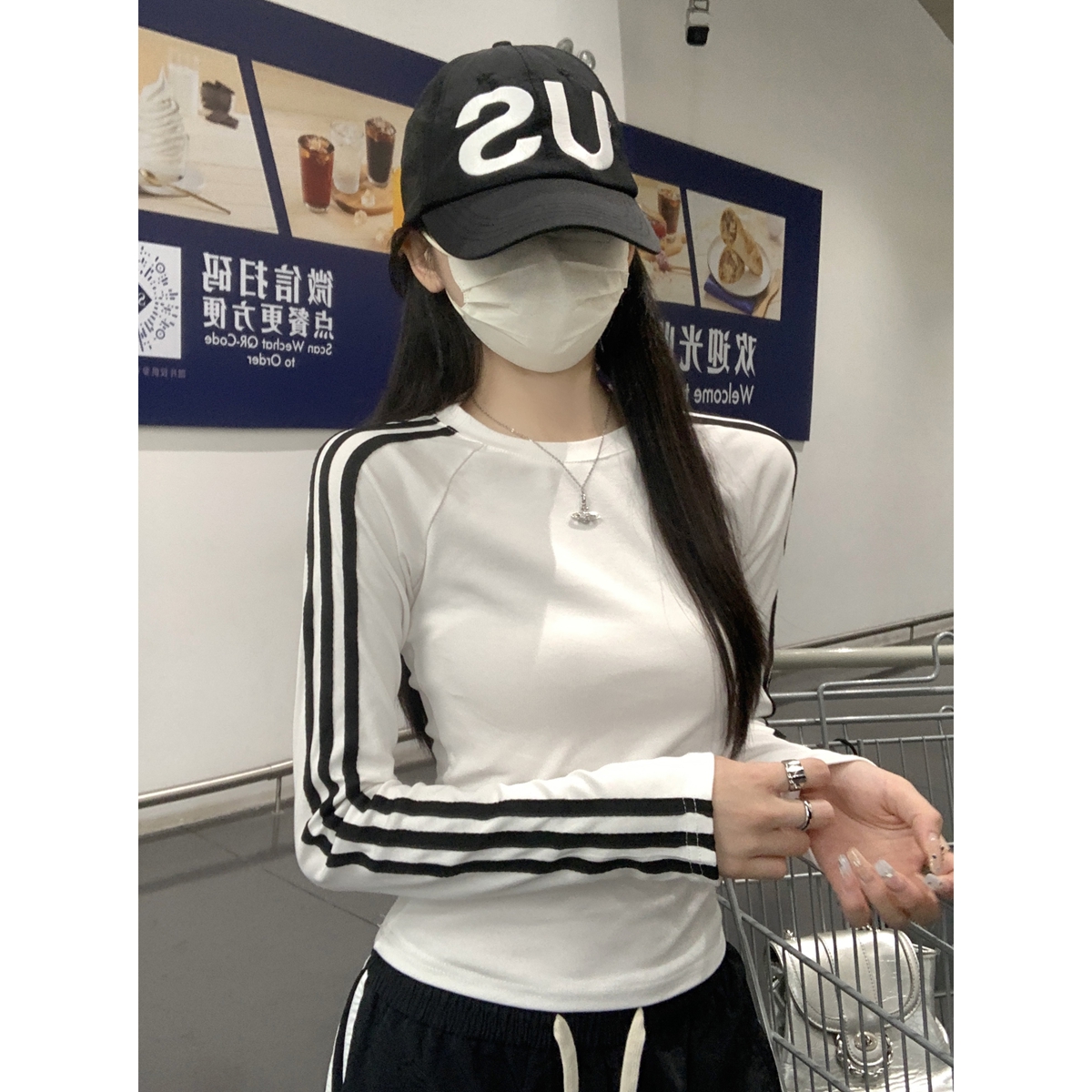 Actual shot of autumn and winter Korean style round neck raglan American style contrasting stripes versatile pure cotton long sleeve inner T-shirt top