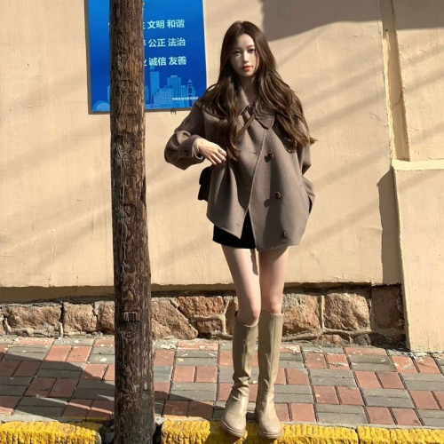 With quilted lining#Small short woolen coat women's winter new loose long-sleeved coat