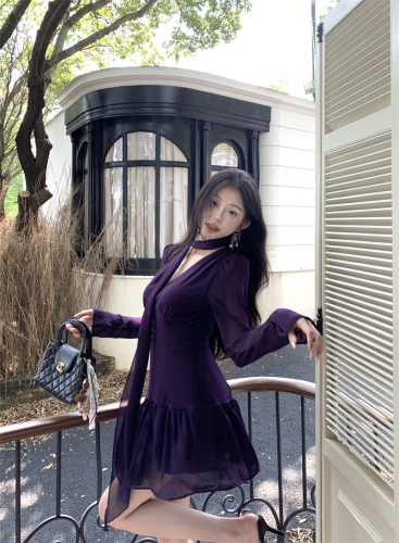 Real shot~French style V-neck waist A-line skirt for women in autumn sexy royal sister purple short skirt with ribbon