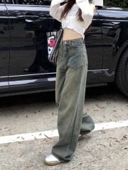 Autumn New Retro Distressed Jeans Women's High Waist Slim Wide Leg Straight Floor-Mopping Trousers