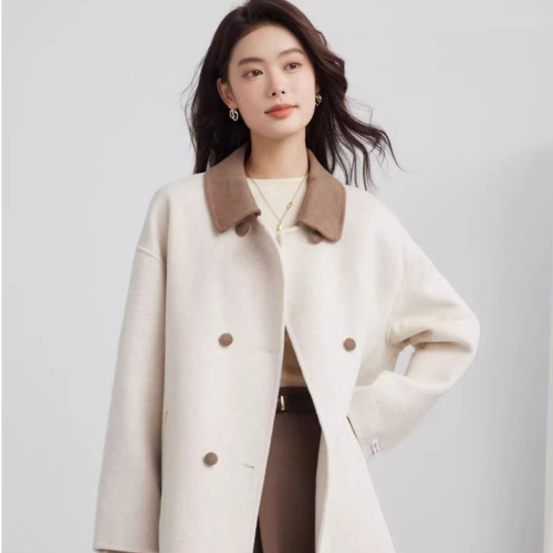 Korean niche design contrasting color temperament goddess style coat for women autumn and winter new contrasting color Hepburn style woolen coat