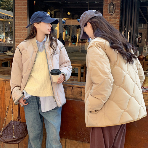 Actual shot of Korean style rhombus cotton jacket for women, high-end and super good-looking cotton jacket, oversize warm baseball jacket, cotton coat