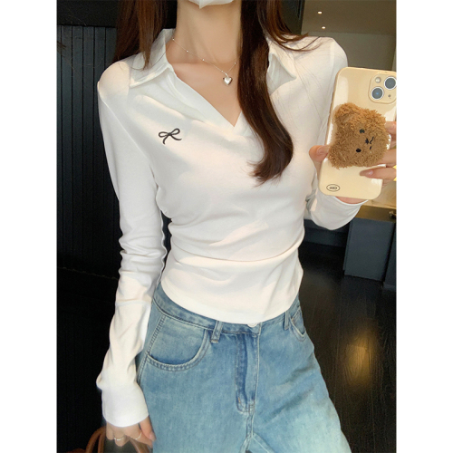 Actual shot of Korean bow embroidered long-sleeved cotton T-shirt for women in autumn pleated waist slimming short top