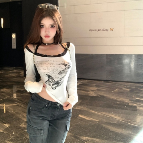 Cationic velvet fashion super hot lace splicing printed halterneck long-sleeved T-shirt short backless top