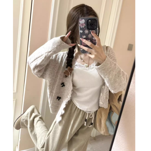 French-style bow elegant short knitwear women's spring and autumn design sense niche petite soft sweater coat