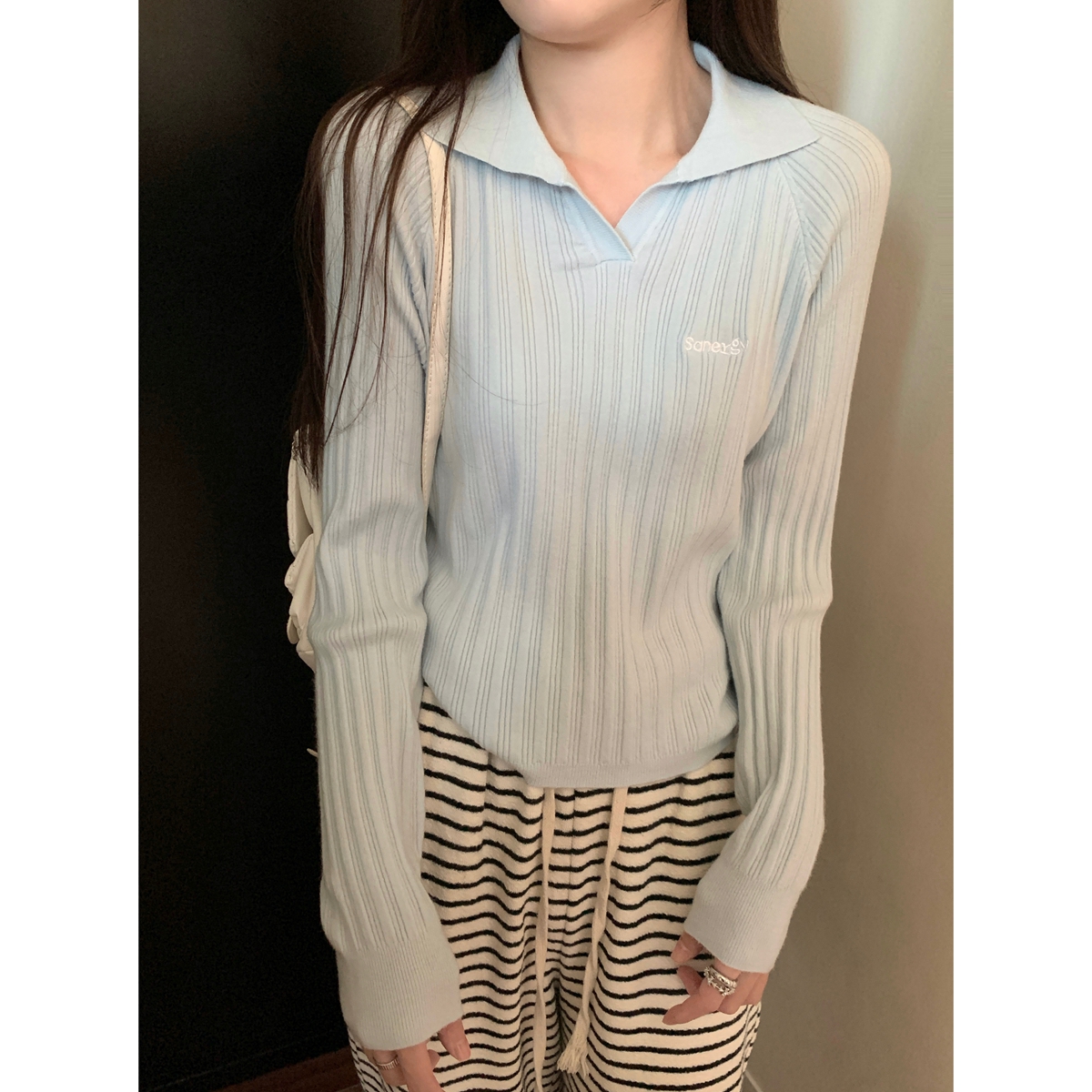 Real shot of autumn and winter Korean style temperament polo collar raglan design Andy velvet knitted long-sleeved bottoming shirt top