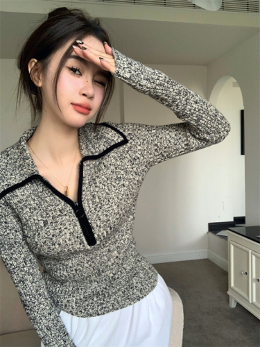 Zipper lapel knitted top women's autumn and winter long-sleeved inner bottoming sweater