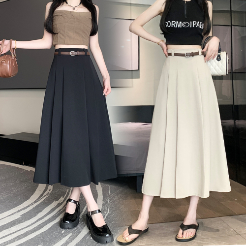 Summer new high-waisted A-line pleated skirt, college-style skirt, niche slimming long suit skirt