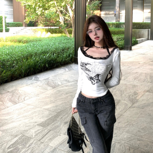 Cationic velvet fashion super hot lace splicing printed halterneck long-sleeved T-shirt short backless top