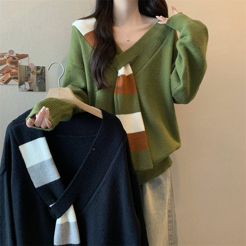 New autumn and winter Korean style lazy style V-neck sweater jacket fake two-piece striped sweater top