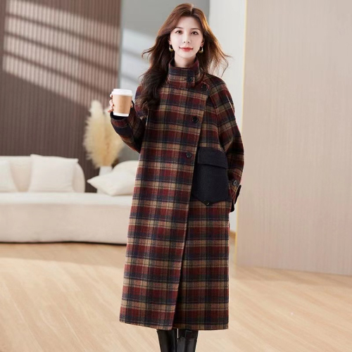 Designed and fashionable plaid woolen coat for women 2024 new autumn and winter Korean version temperament versatile woolen long coat