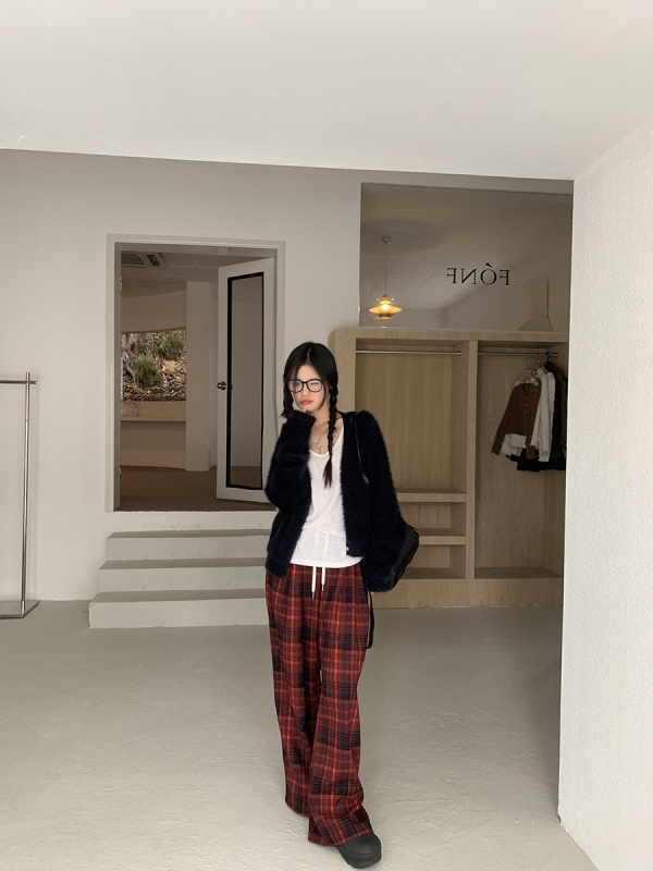Loose wide-leg pants for women, new autumn casual pants, loose straight-leg drape red plaid pants