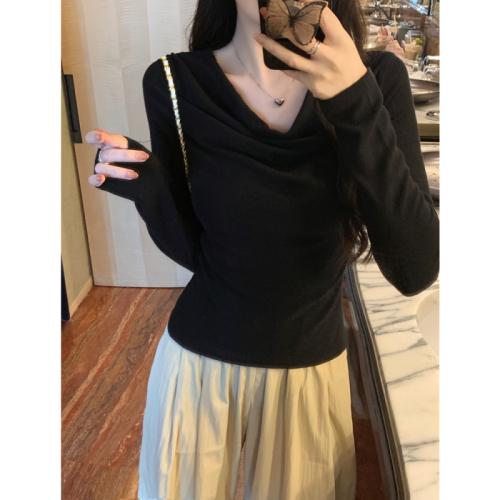 Real shot 1*1 thread 270g swing collar top women's one shoulder long sleeve T-shirt slim fit lazy bottoming shirt