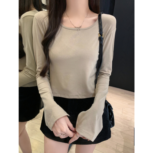 Actual shot of 2024 autumn and winter long-sleeved T-shirts for women with slit square neck bottoming shirts for women