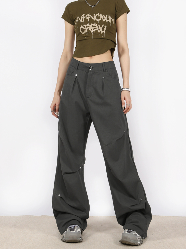 BIGGOLD American retro low-waist rivet vibe style casual pants for women, thin wide-leg straight pleated overalls