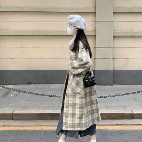 Autumn and winter new light luxury Korean style coat Zhang Ji's same style windbreaker spliced ​​retro woolen long woolen coat plaid