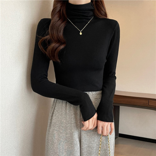Autumn and winter new style pile collar soft and waxy elastic large inner layering shirt top