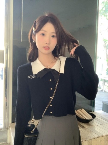 POLO Bowknot Cardigan for Women - Winter 2024 New Arrival - Loose Short Sleeve Embroidered Knit Top for Petite Women