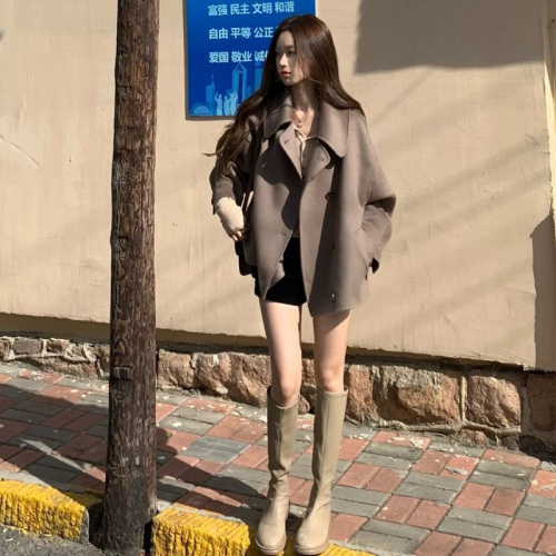 With quilted lining#Small short woolen coat women's winter new loose long-sleeved coat