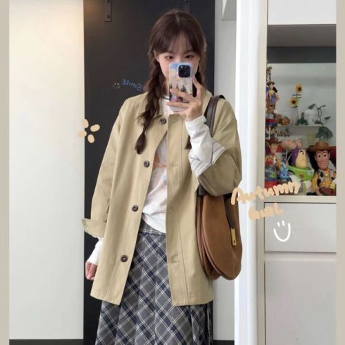 Khaki super good-looking windbreaker coat for women medium-long 2024 autumn new French loose casual temperament coat