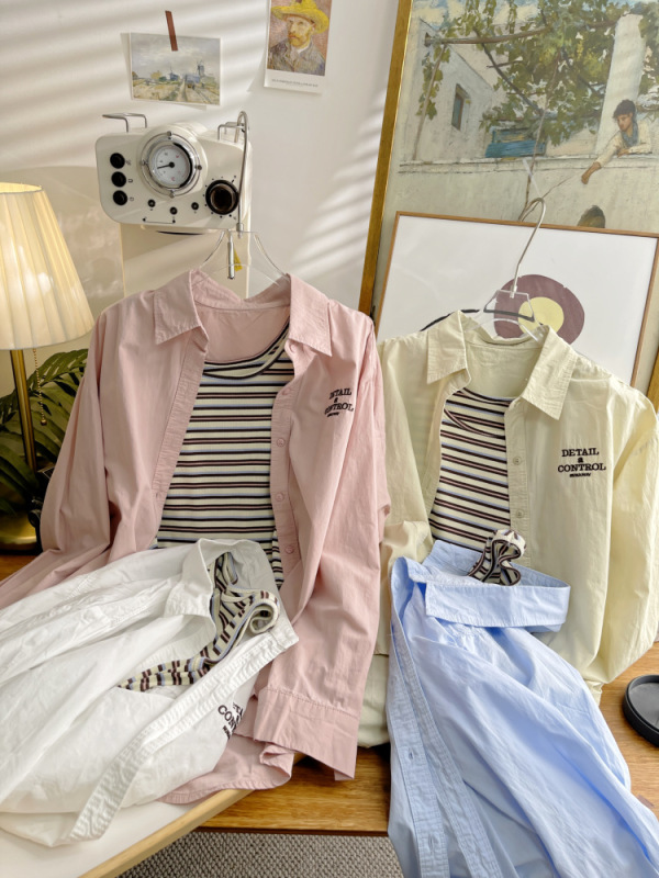 Super nice~French retro striped vest two-piece suit autumn ladies Korean style casual long-sleeved shirt