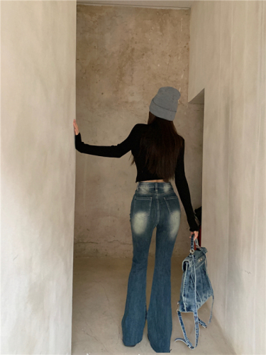 Real shot!  Retro Distressed Hot Girl Jeans Women's Autumn Slim Fit High Waist Bootleg Pants