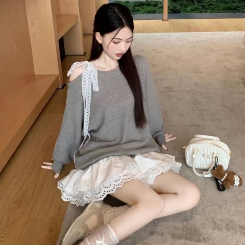 Korean simple suit niche fake two-piece lace stitching off-shoulder knitted sweater women's high-waisted skirt