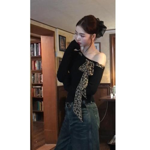 Bistro autumn retro slim slanted shoulder leopard print webbing design sweater early autumn