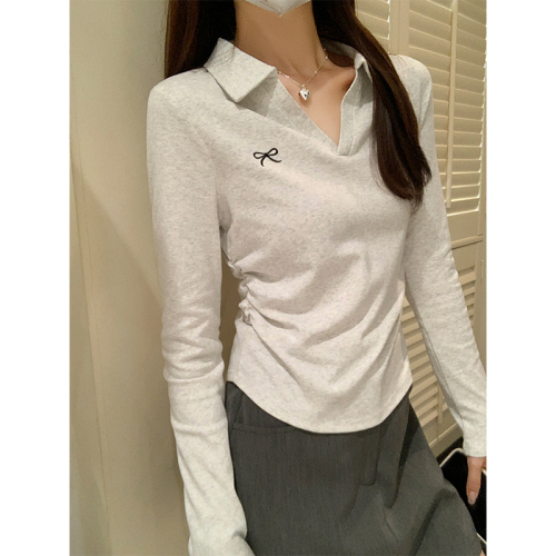 Actual shot of Korean bow embroidered long-sleeved cotton T-shirt for women in autumn pleated waist slimming short top