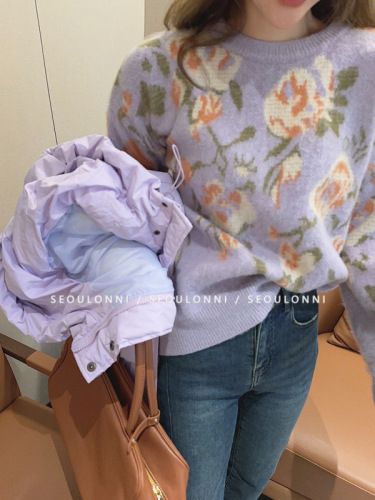 Official Women's Loose Knit Sweater with Dye-Sprayed Floral Print, Round Neck, Hand-Worked Blue Knit Cardigan, Autumn