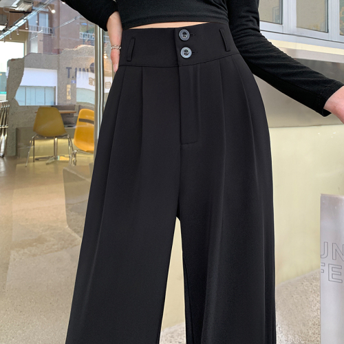 Black suit pants for women in spring, autumn and winter, high-waisted, double-buttoned, loose, slim, drapey, straight-leg, floor-length wide-leg pants for small people