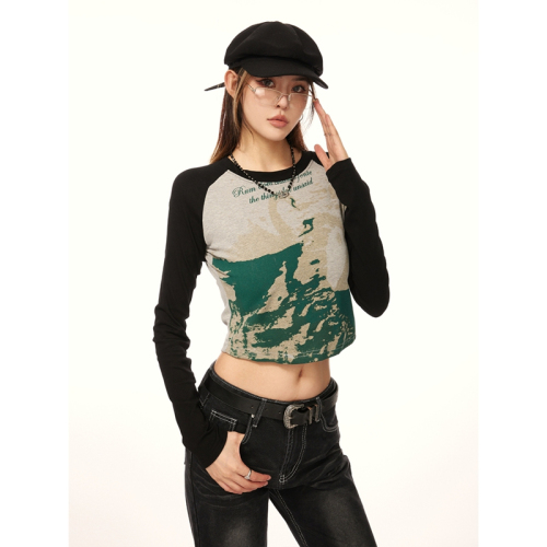 Colored cotton pull-up retro splicing contrasting color long-sleeved T-shirt short navel-baring bottoming shirt autumn hot girl top trend