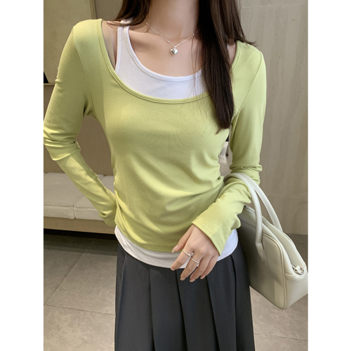 Real shot of autumn new contrasting color splicing fake two-piece long-sleeved T-shirt for women Korean slim fit short top