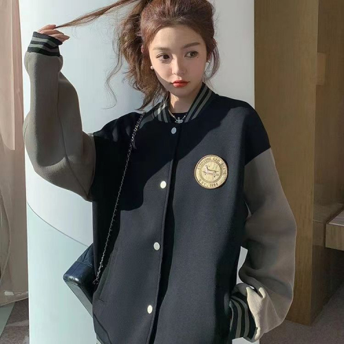 American retro baseball uniform jacket for women winter thickened loose couple jacket