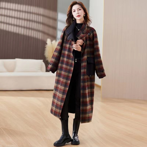 Designed and fashionable plaid woolen coat for women 2024 new autumn and winter Korean version temperament versatile woolen long coat