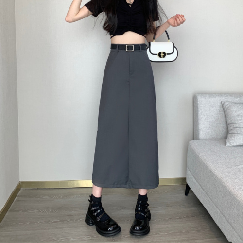 College-style suit skirt, high-waisted long skirt, slimming A-line skirt, designed slit skirt