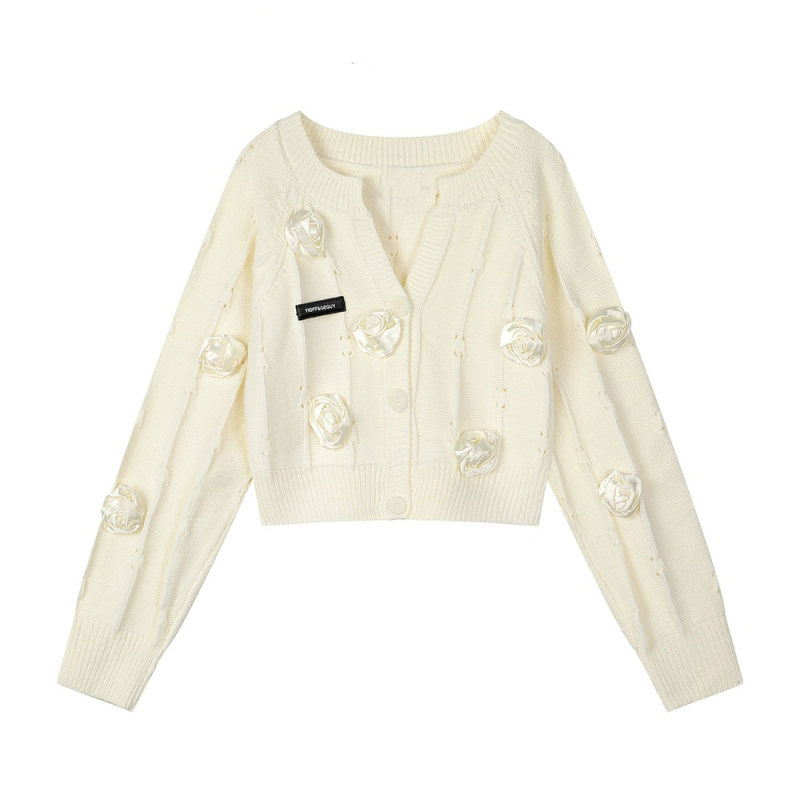 Designed three-dimensional flower knitted cardigan for women, new style, gentle and sweet, long-sleeved short sweater, stylish small shirt