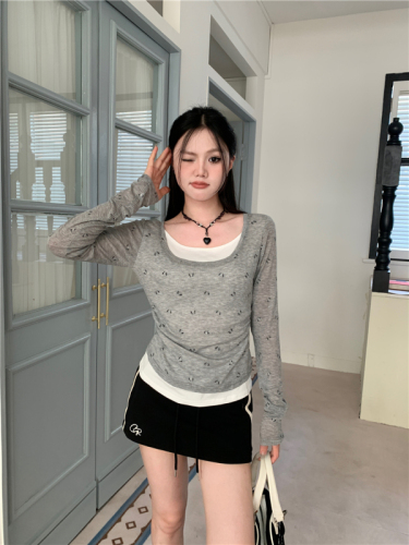 Real shot gray fake two-piece bow printed long-sleeved T-shirt women's waist slimming top