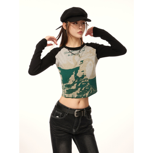 Colored cotton pull-up retro splicing contrasting color long-sleeved T-shirt short navel-baring bottoming shirt autumn hot girl top trend