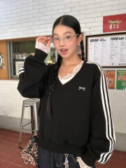 Black sweatshirt for women spring and autumn new coat American v-neck hoodless loose design long-sleeved top